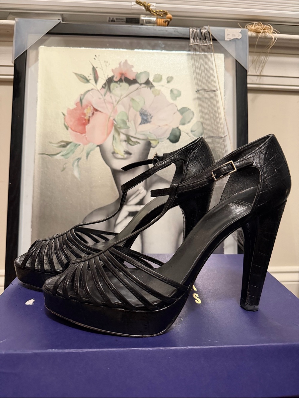 Sturt Weitzman Tidy Black Croc Platform Pumps Sandals Size 7